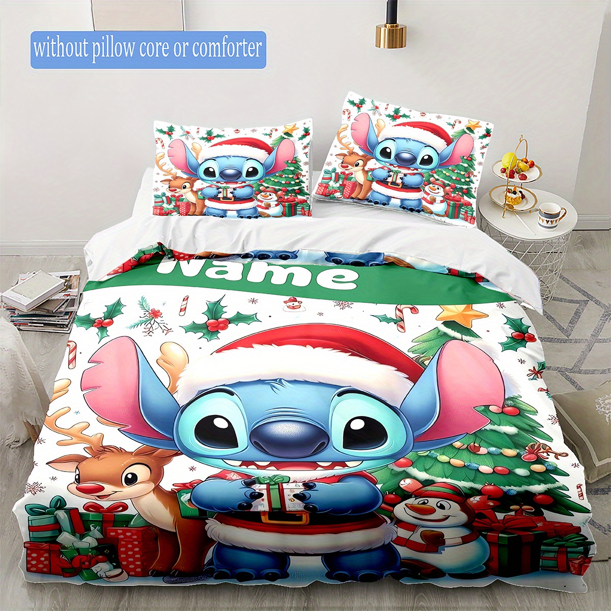 

Custom 3d Name Stitch & Reindeer Cartoon Duvet Cover Set - Soft Polyester, Fade-resistant Bedding For All - Includes 1 Duvet Cover And 2 Pillowcases (no Insert)