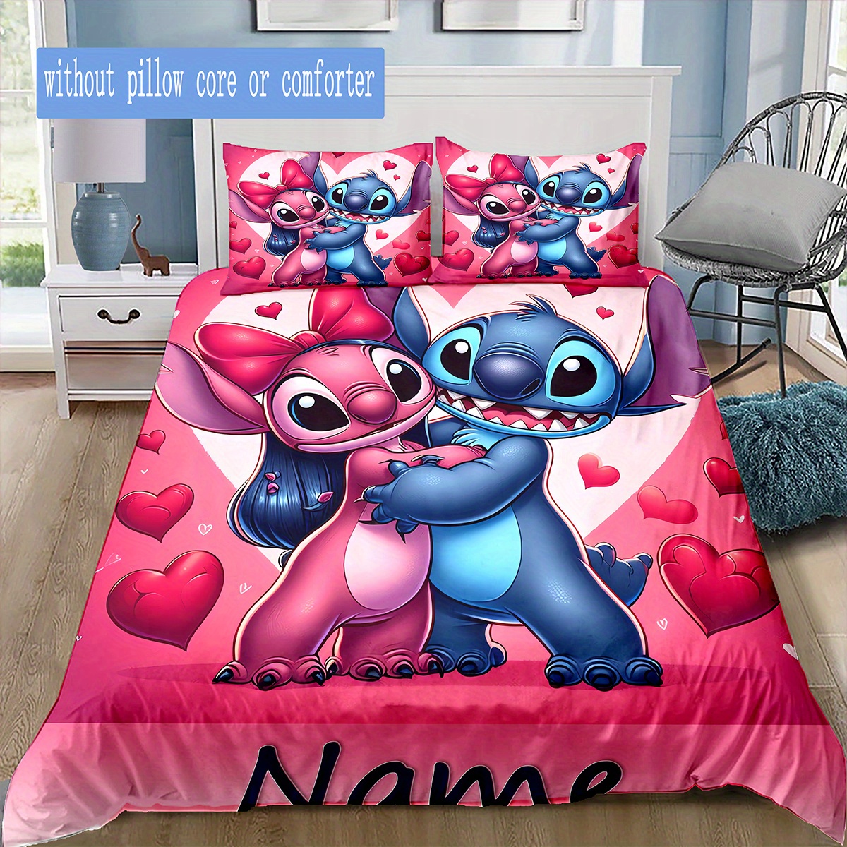 

3d Name Custom Bedding Stitch On The Background Of A Red Heart Print Cover Cartoon Quilt Cover For Bedroom Decor Bedclothes Christmas Gifts(1 * Duvet 2 * Pillowcase, Without )