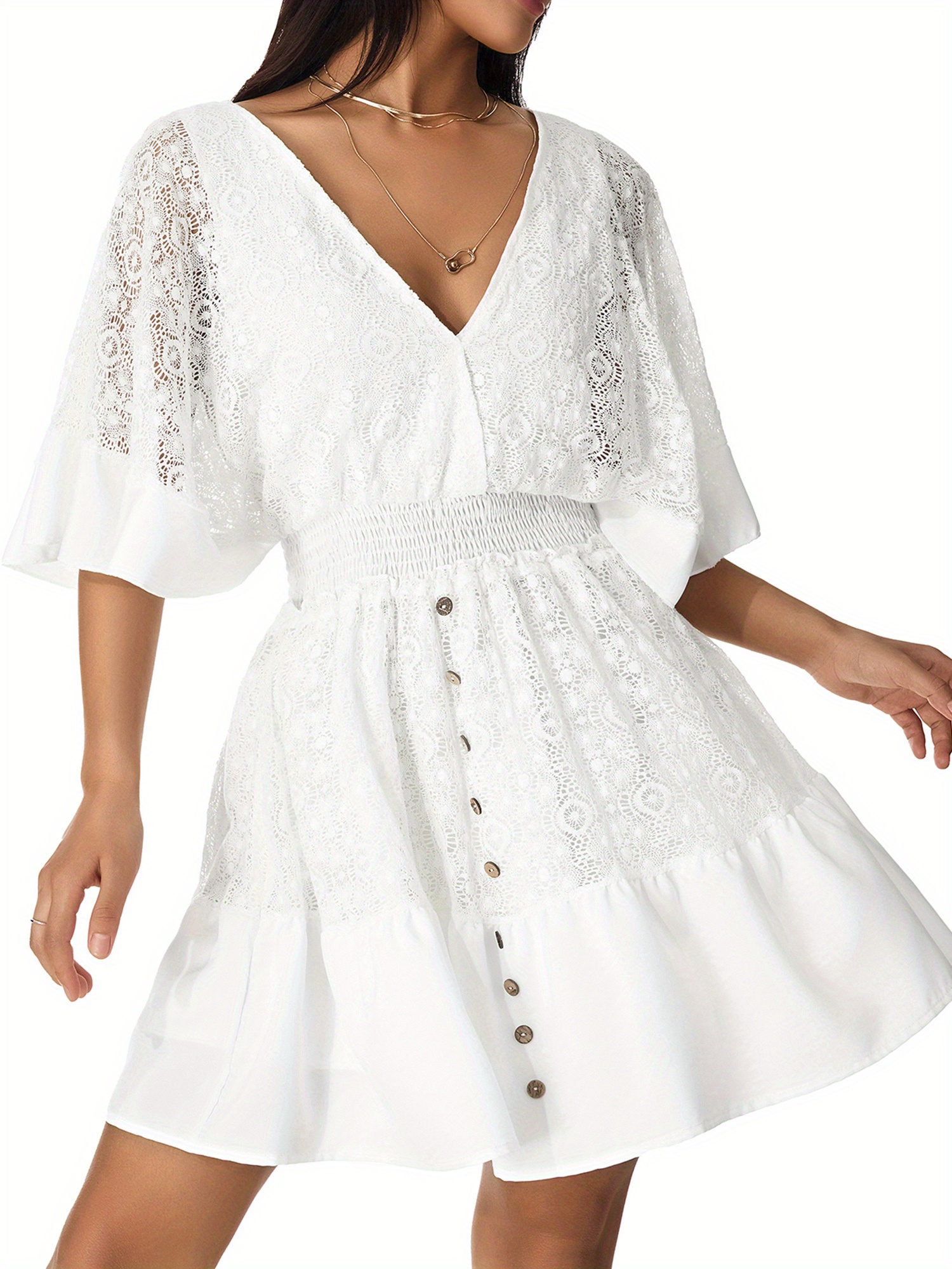 women white lace dress middle flared sleeves v neck button - Temu