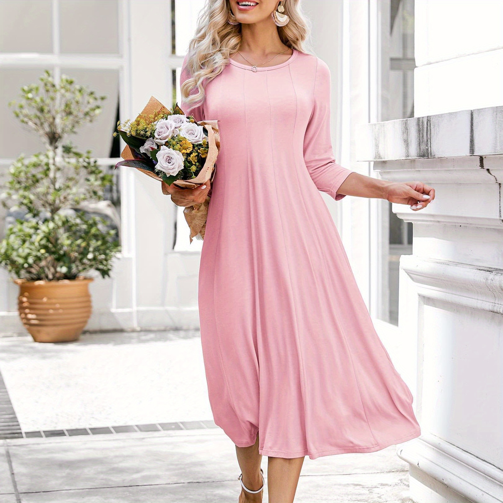 

2024 Women's 3/4 Sleeve Midi Dresses With A-line And Flare For Casual And Work Wear