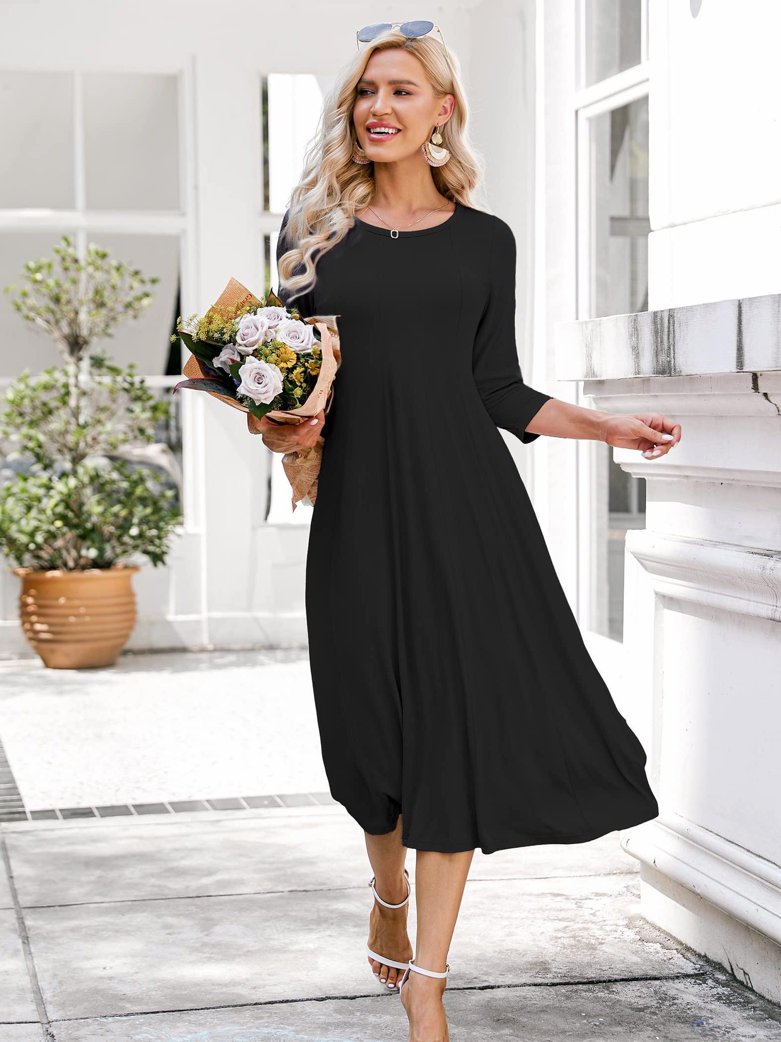 Women'S 3/4 Sleeve A-line and Flare Midi Long Elegant Dress Spring Summer  Fall Women Clothing