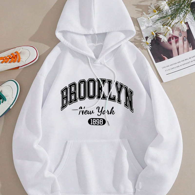 

Plus Size New 1899 Print Hoodie - Knit Fabric 100% Polyester, Casual Pullover With Hood, Stretch, Basic Long Sleeve Sweatshirt For Fall/winter