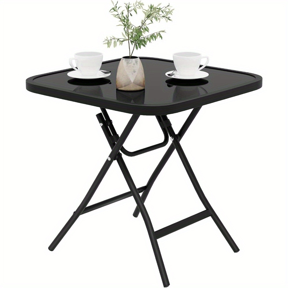 1pc Folding Table Balcony Table Camping Table Garden Table Bistro Table Metal Frame Hardened Glass Round Table Indoor Outdoor Black
