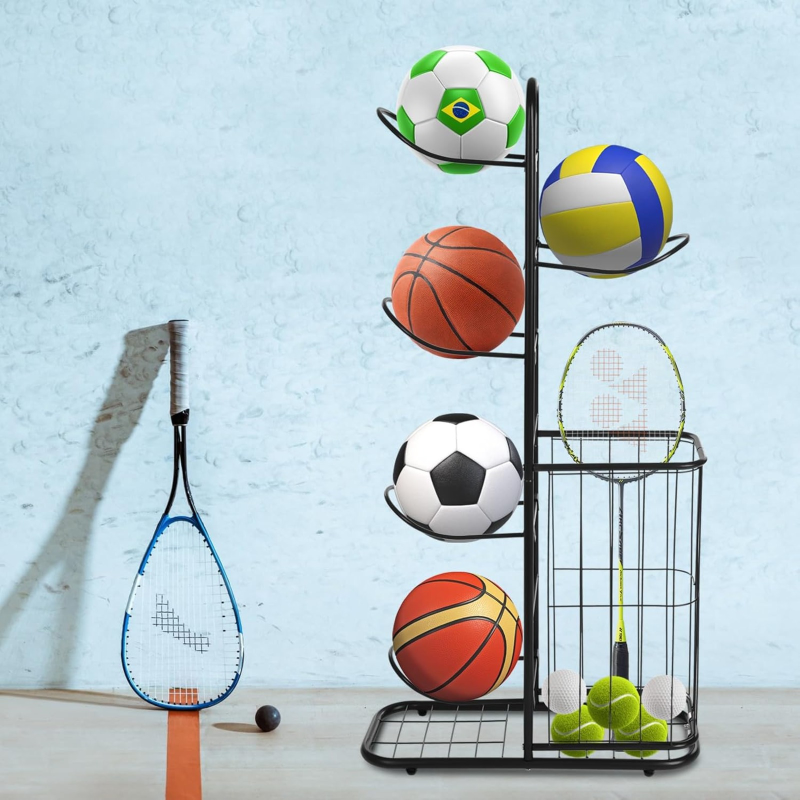 TEMU Garage Organiser For Sports Equipment, Removable Basketball Storage Rack With 5 Ball Stands And Baskets, For Storing Basketballs, Footballs,