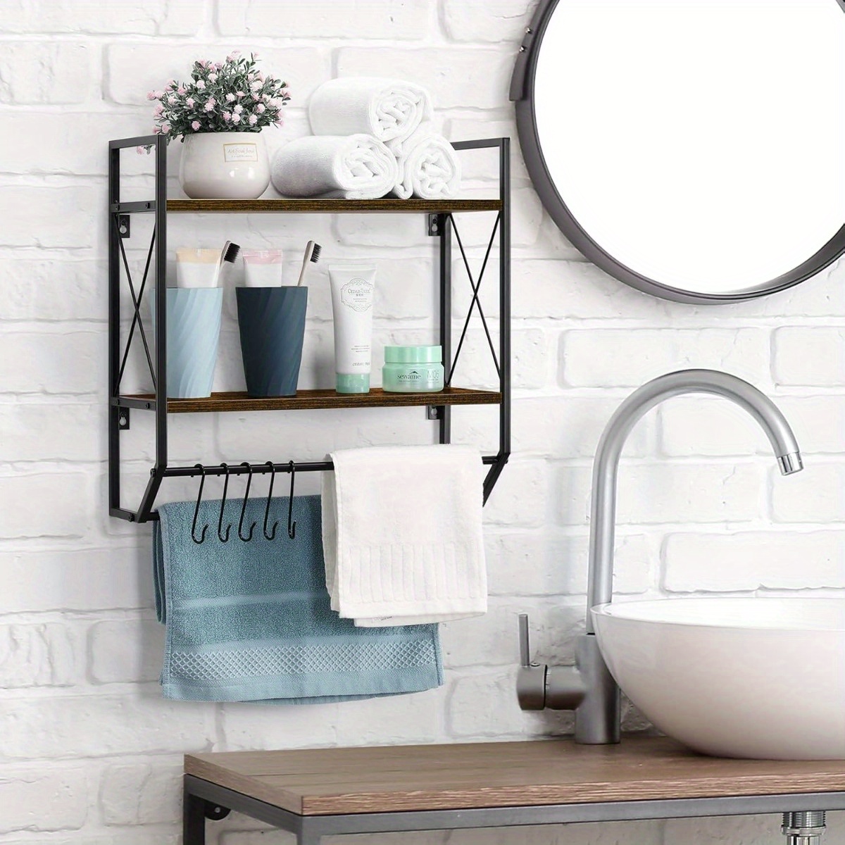 

Wall Mounted Bathroom Shelf 2 Tier Metal Industrial Towel Rack With Towel Bar Floating Storage Rack Rustic Wall Shelf Over Toilet With Hooks For Bathroom Room