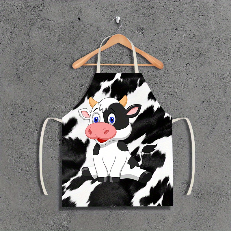 

1pc Linen Apron With Cartoon Cow Pattern, Unisex Kitchen Chef Apron For Cooking, Baking, And Parties, Oil & Stain Resistant, Suitable For Cafe And Restaurant Use - Woven 100% Linen Material