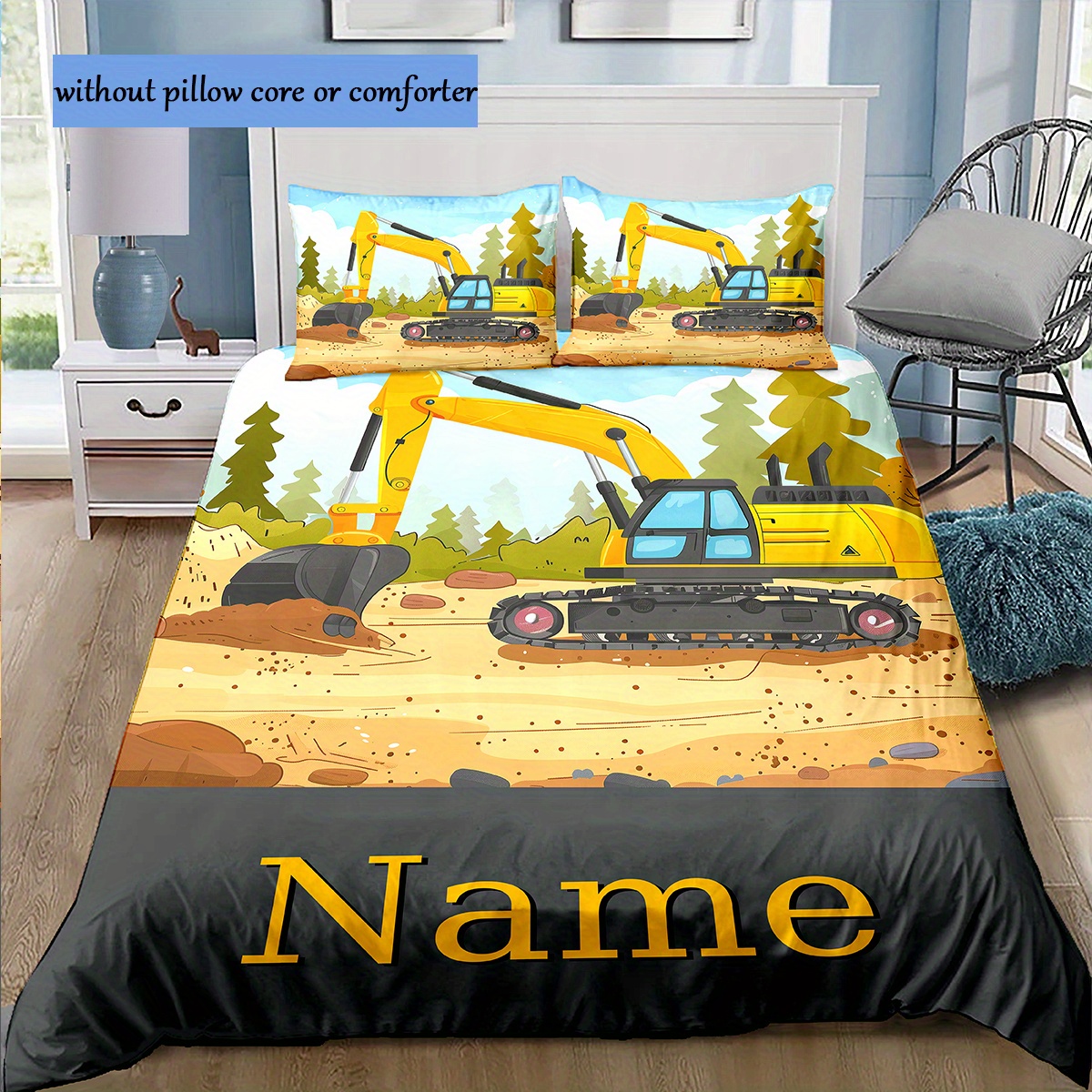 

[customized]name Customized Excavator Crane Construction Site Pattern Printed Quilt Cover Set (1*duvet 2*pillowcase, Without Core)