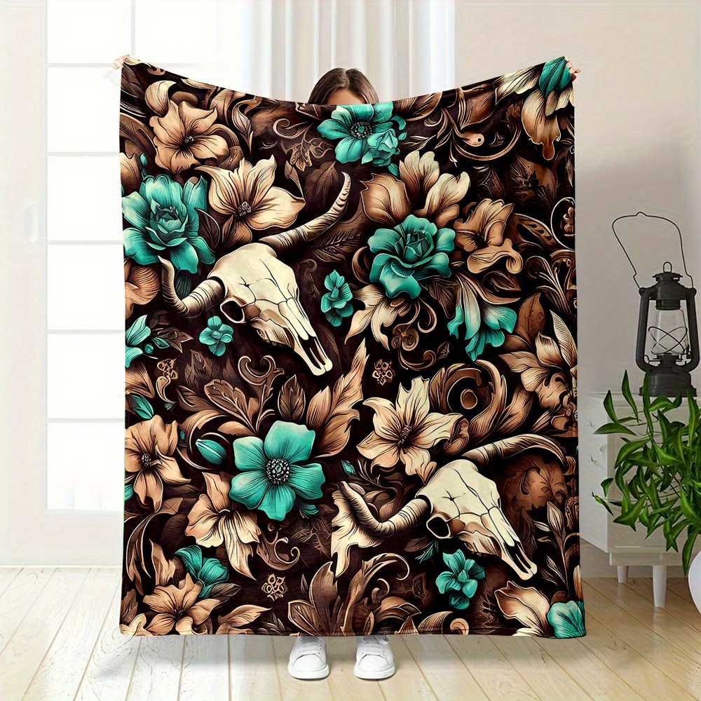 

Cozy Vintage Floral & Bull Throw Blanket - Soft Flannel, Reversible - Perfect Gift For