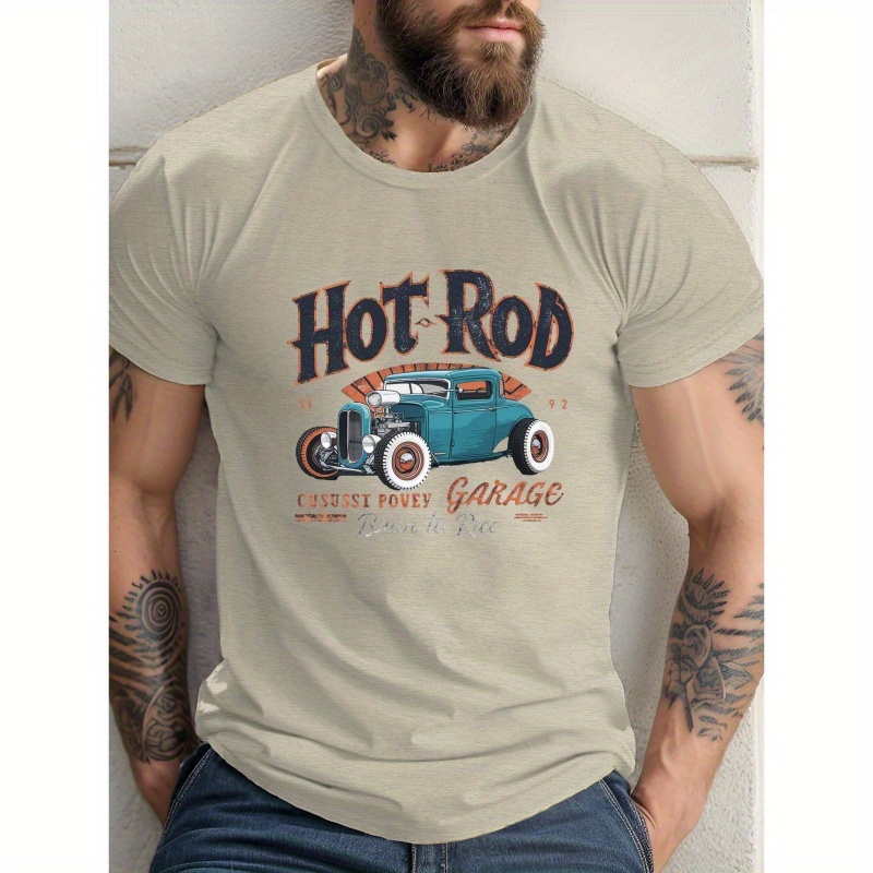 

Hot Rod -inspired Illustration Print T-shirt For Men - Casual Short Sleeve, Polyester, Knit Fabric, Geometric Pattern, Regular Fit, Summer Collection