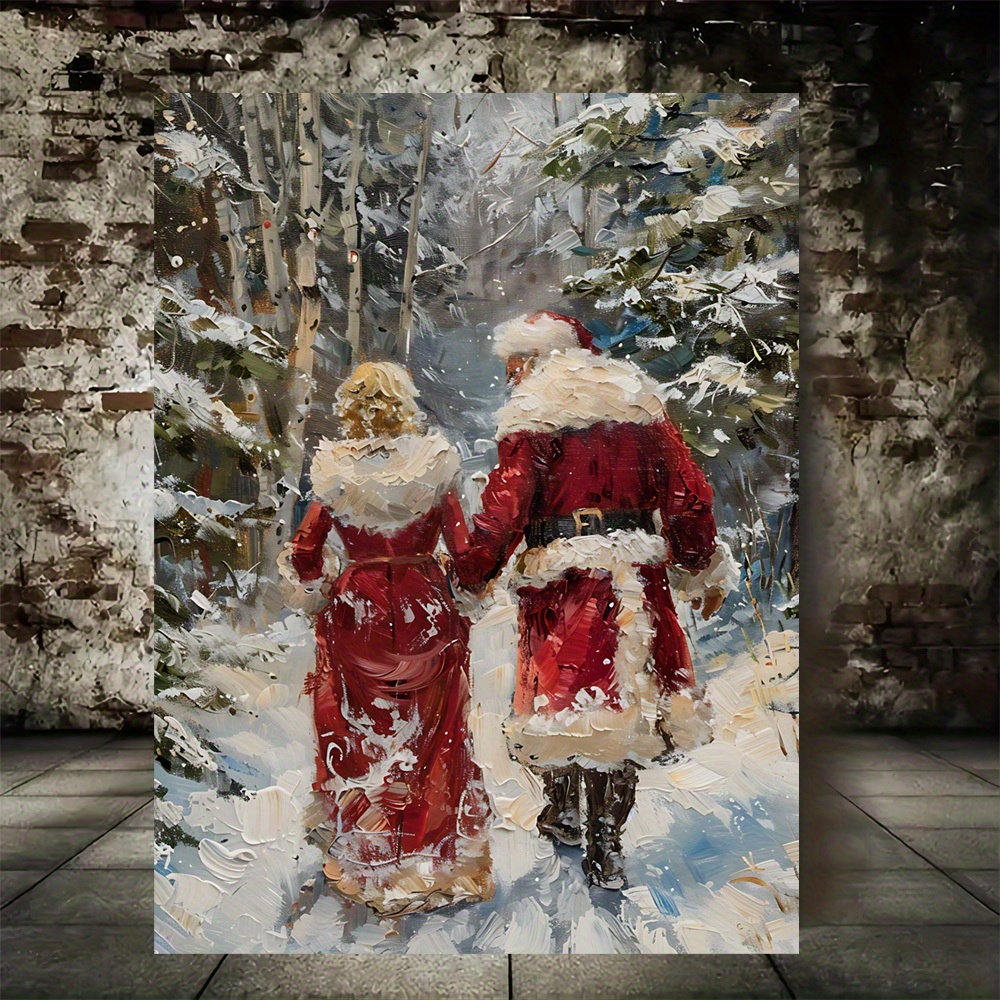 

Vintage Santa & Snow Walk Canvas Art - Wooden Christmas Decor For Home Wall, Anniversaries, Back To School, Graduations - 11.8x15.7 Inches