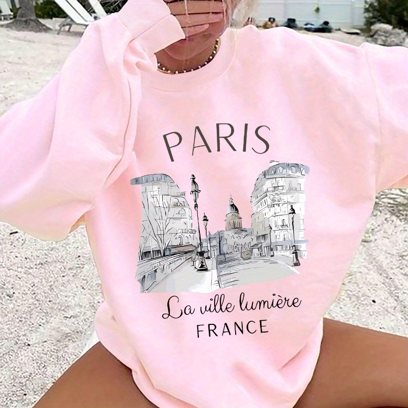 

Paris Letter Architectural Neck Sweatshirt - Casual Long Sleeve Fleece-lined Knit Polyester Pullover For Fall/winter