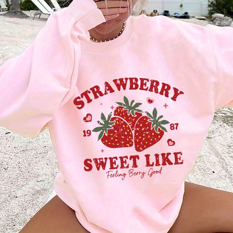 

Strawberry & Letter Print Long Sleeve Pullover Sweatshirt, Women's Sportswear For Fall & Winter, Outdoor Wear