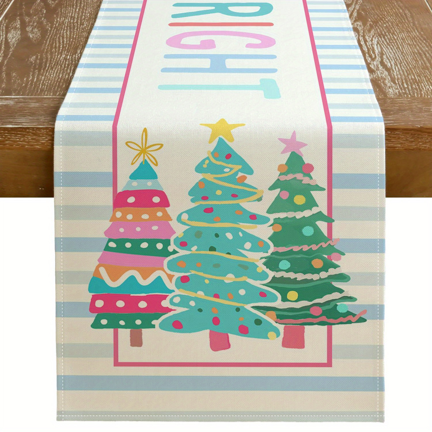 

Christmas Table Runner - Polyester Decoration, Machine Made, Pink Christmas With " Bright" Text For Winter Celebrations, Indoor And Outdoor Dining Banquets