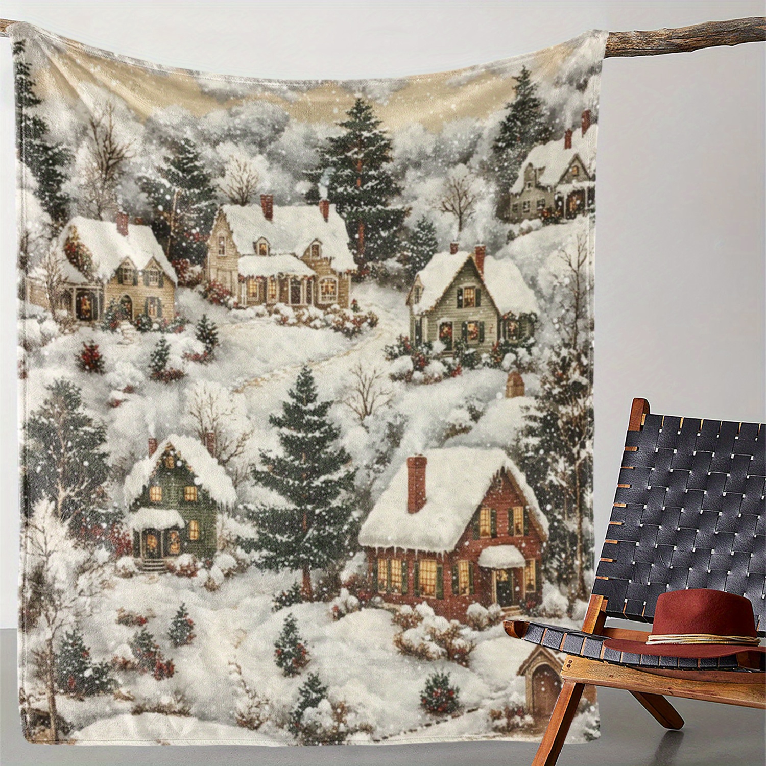 

Vintage Christmas Snowy Cedar Houses Print Flannel Throw Blanket - Soft Cozy Warm Digital Printed Polyester Knit Blanket For Couch, Sofa, Bed, Office, Camping, Travel - All Decorative Blanket