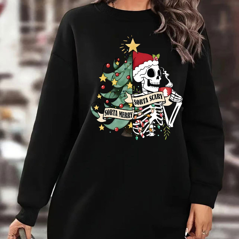 

Cozy Fleece-lined Christmas Sweatshirt Dress For Women - Casual Crew Neck With Festive Print, Machine Washable - Fall/winter