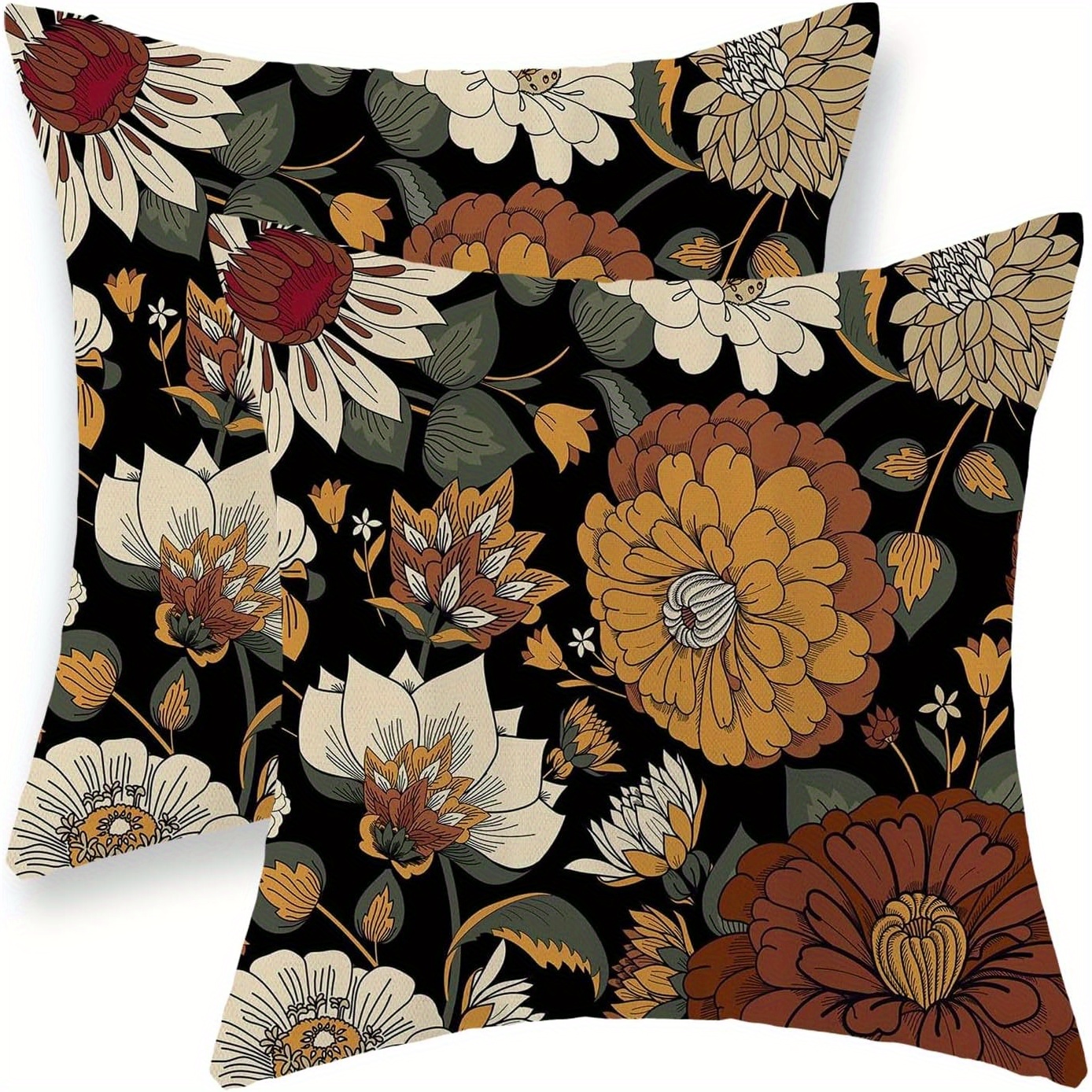 TEMU 2pcs Vintage Bohemian Floral & Tropical Leaf Throw Pillow Covers, 18x18 Inch - Cushion Cases For Sofa And Home Decor, Machine Washable With Zipper Closure