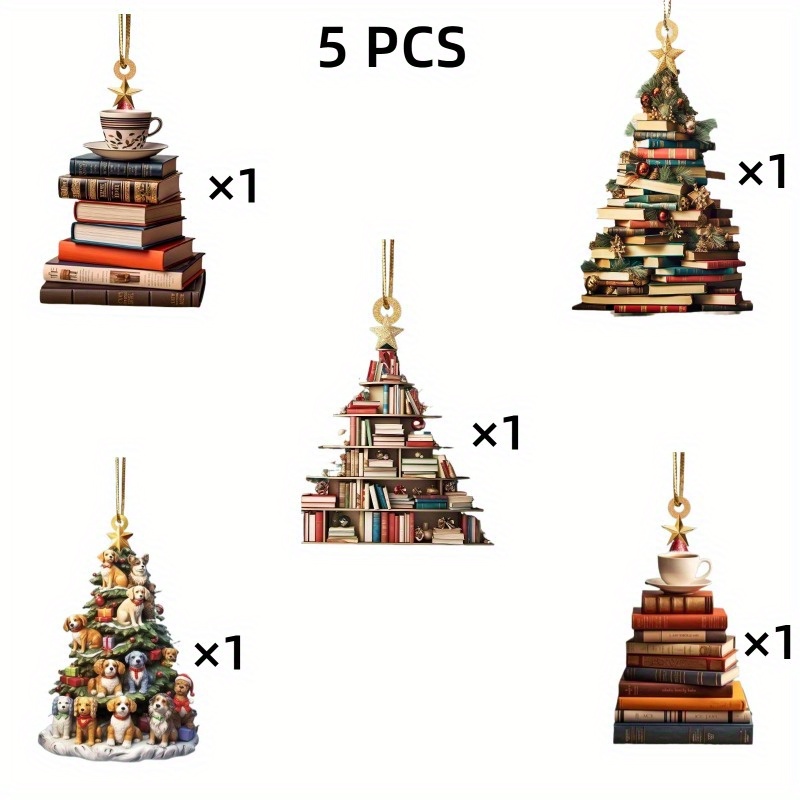 

5-piece Christmas Tree Ornaments Set, Acrylic Book Stack With Coffee Cup & , Ideal For Holiday Decorations - Tree, Home, Office, Desk, Bag, Car Decor, Perfect Gift For Christmas & New Year