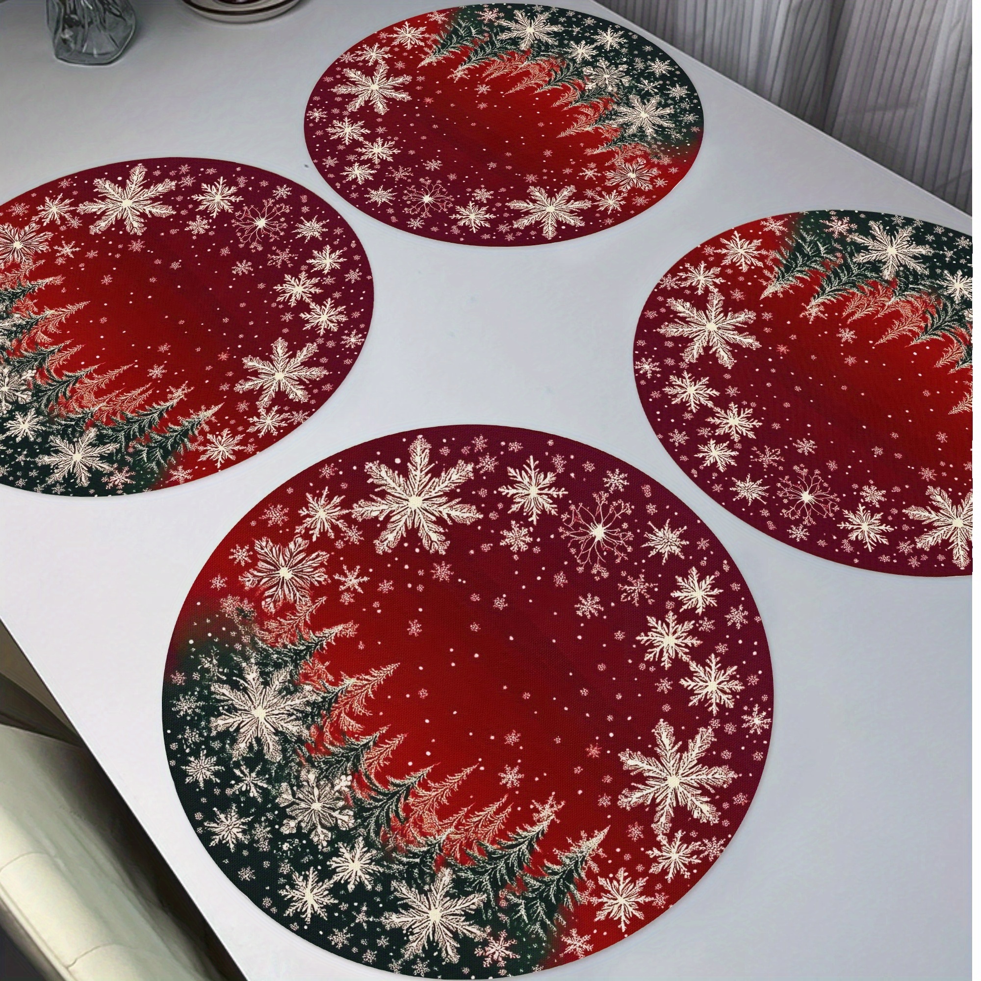 

4pcs Merry Christmas Vintage Placemats, Trees White Winter Seasonal Non-slip Washable Heat Resistant Table Mats Place Mats 15" For Party Kitchen Dining Decoration