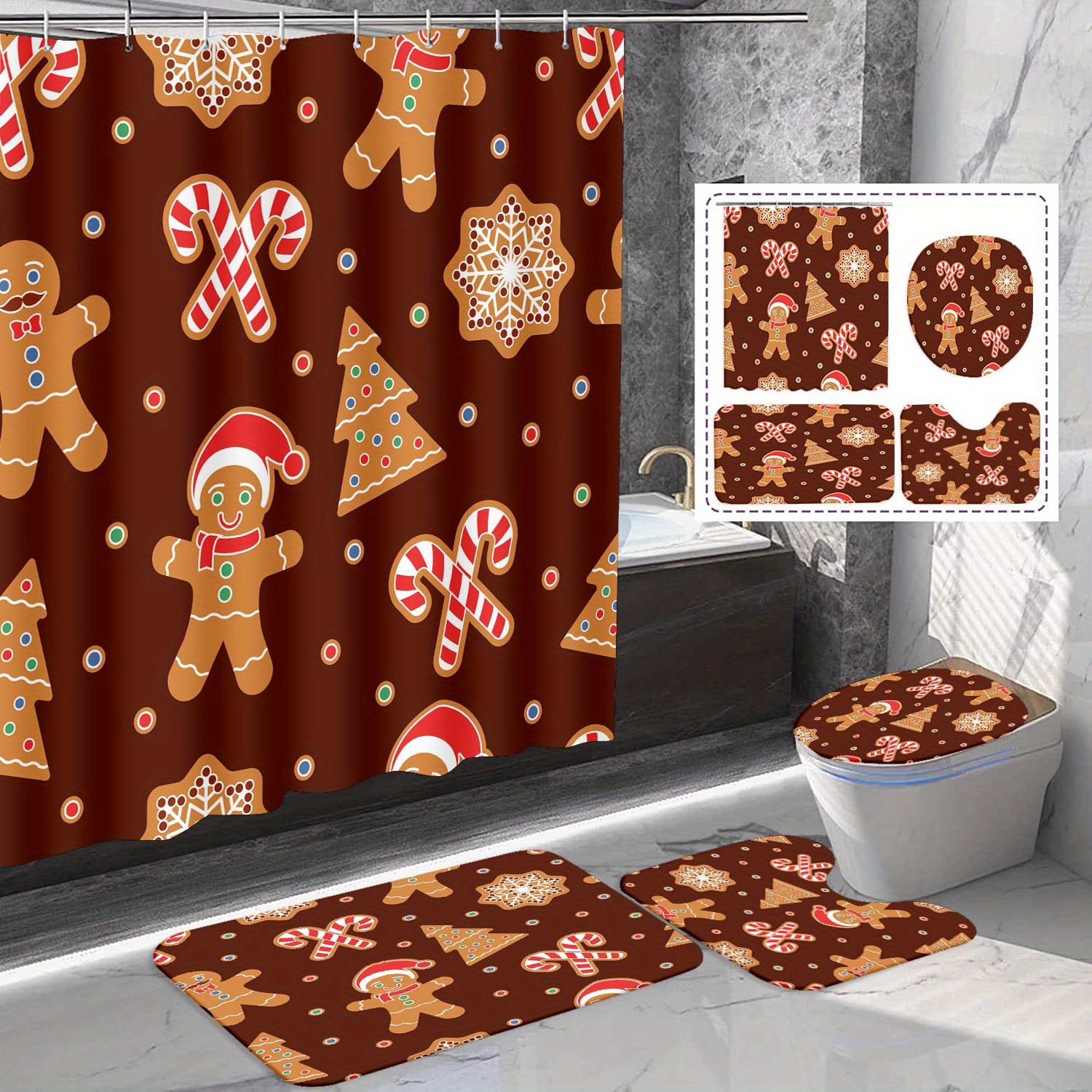 

1/4pcs Christmas Gingerbread For Man Shower Curtain Set, Candy Cane Decoration, Bath Mat Rug, Odd-shaped Mat Toilet Cover, Waterproof Shower Curtain, 71x71 Inches, Bathroom Home Decoration