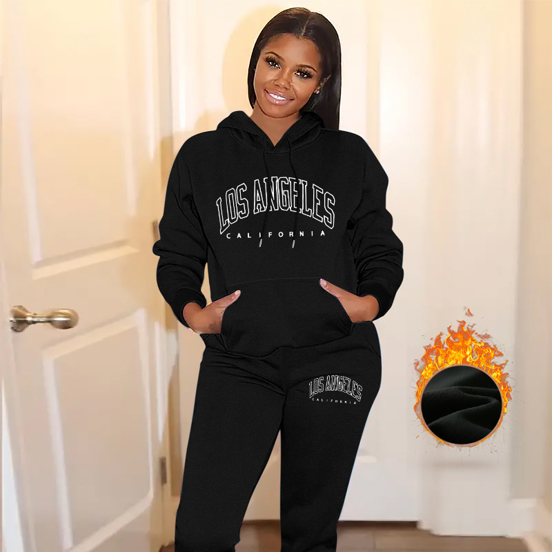 

Los Angeles Letter Print Hooded Tracksuit Set - Casual Knit Polyester Sweatshirt And Joggers With Drawstring Detail - All Season Hoodie And Sweatpants Set