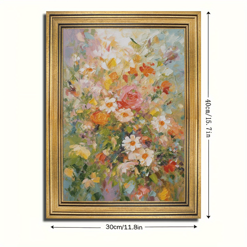 TEMU Vintage Gold-framed Floral Canvas Wall Art - Dreamlike Bouquet Painting For Room Decor, 1 Piece, Elegant Garden Flowers Artwork, 11.8" X 15.7"