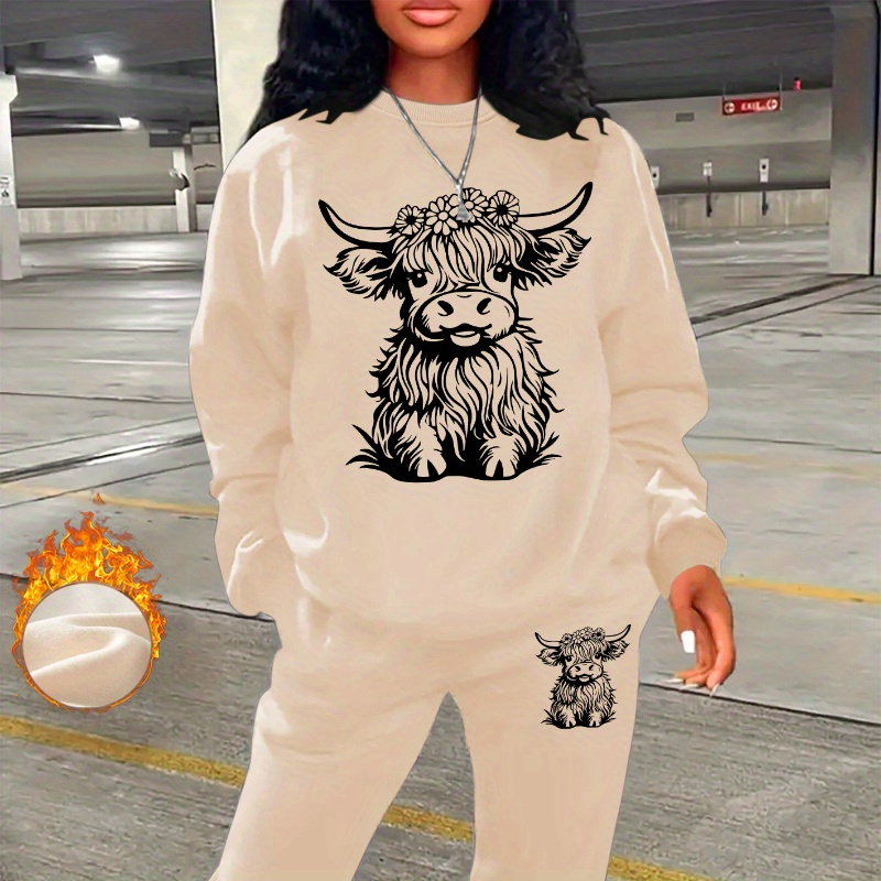 

Casual Knit Polyester Tracksuit With Highland Cow Print, Crew Neck Sweatshirt And Pants Set For All