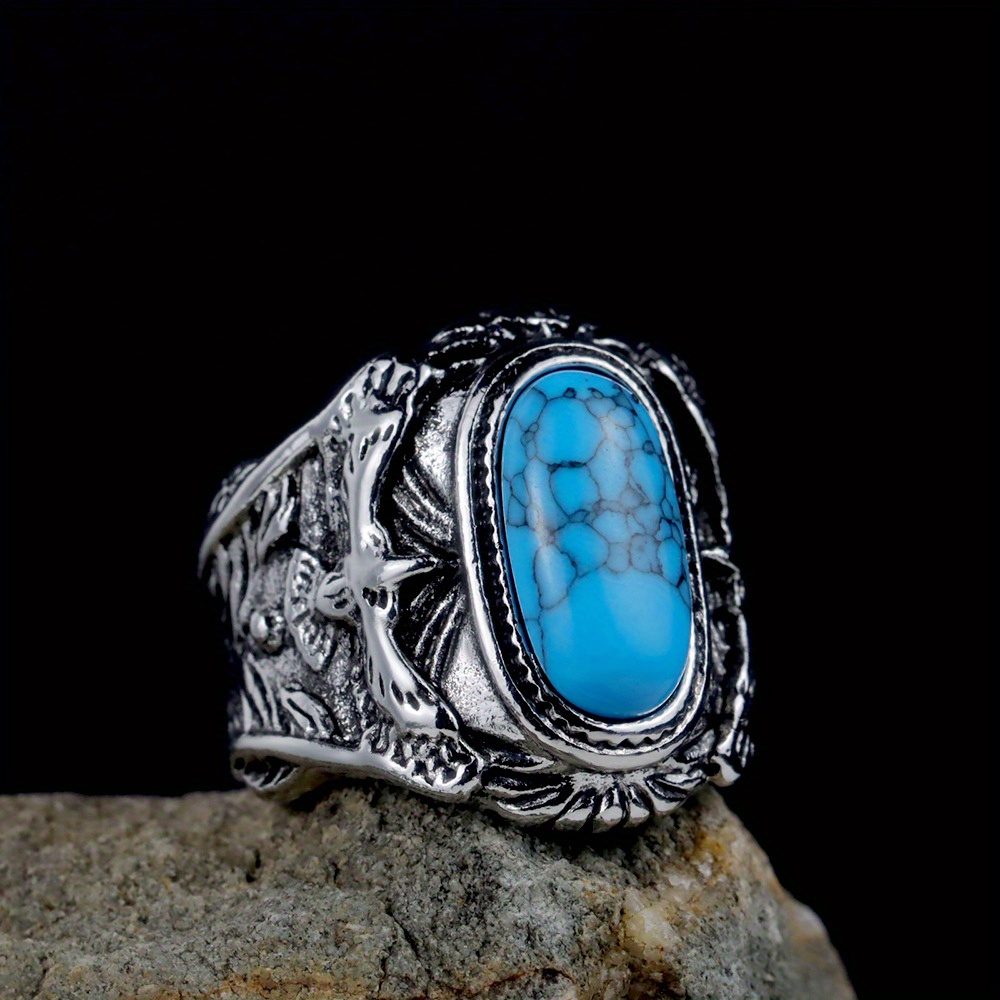 

1 Pcs Inlaid Turquoise Retro Eagle Ring Men's Personality Fashion Punk Hip Hop Distressed Ring