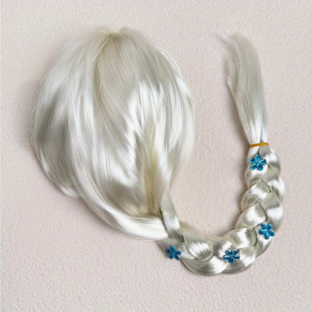 

Princess Inspired Wig With Blue Flower Accents, Polyester White Braided Hair Costume Accessory, Sassy Straight Wig For Adults Over 15 Years - Color