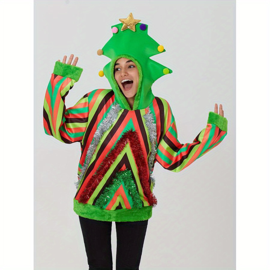 

Women Men Christmas Hoodie, Long Sleeve Tree Hooded Sweatshirt Color Cosplay Costume