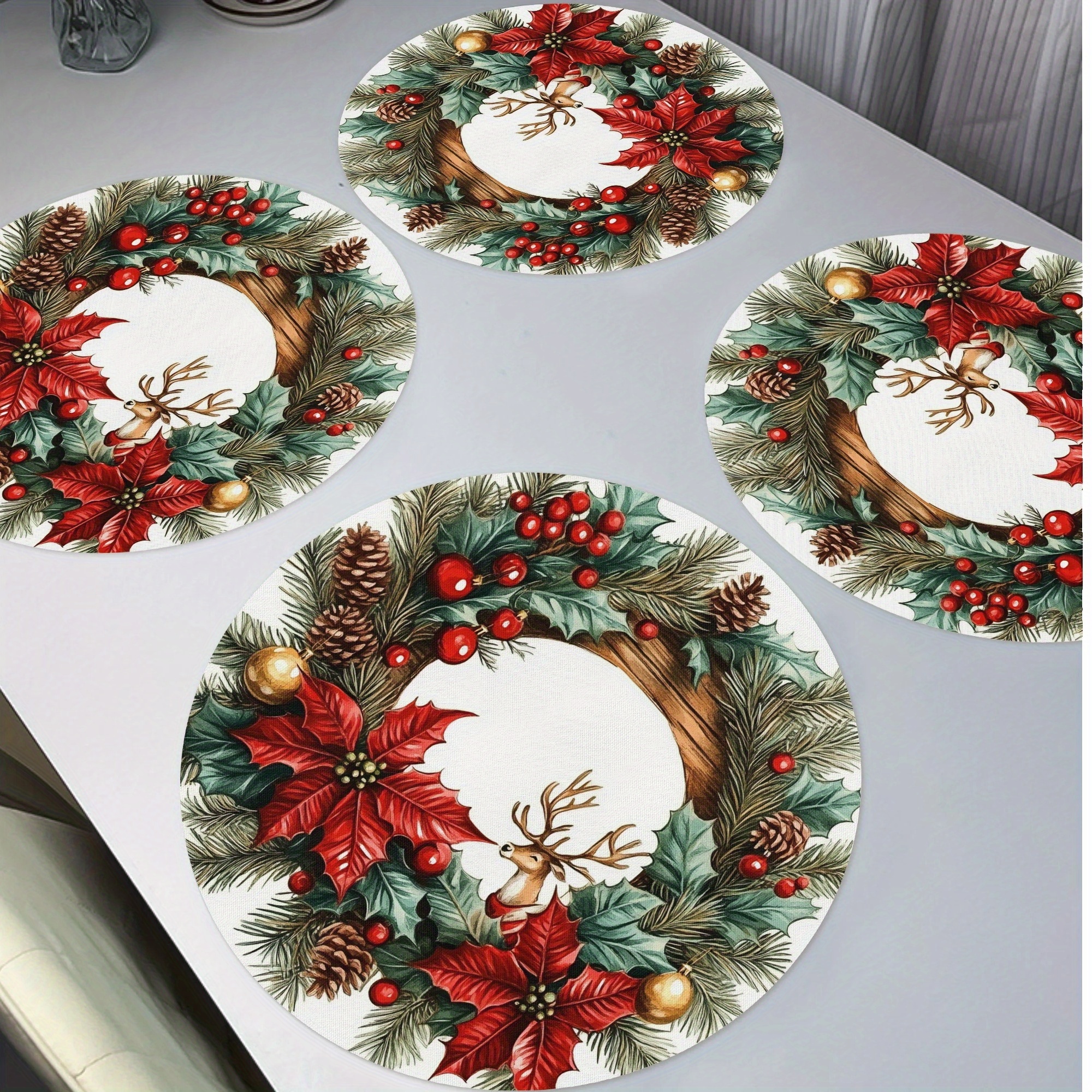 

4pcs Christmas Wreath Pattern Round Placemats, And Table , - Polyester Knitting Placemats Suitable For Restaurant Dining Table, Christmas Decor - 15