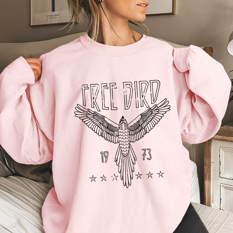 

Cozy Fleece-lined Free Bird Graphic Sweatshirt - Casual Crew Neck, Long Sleeve Pullover For Women, Fall & Winter