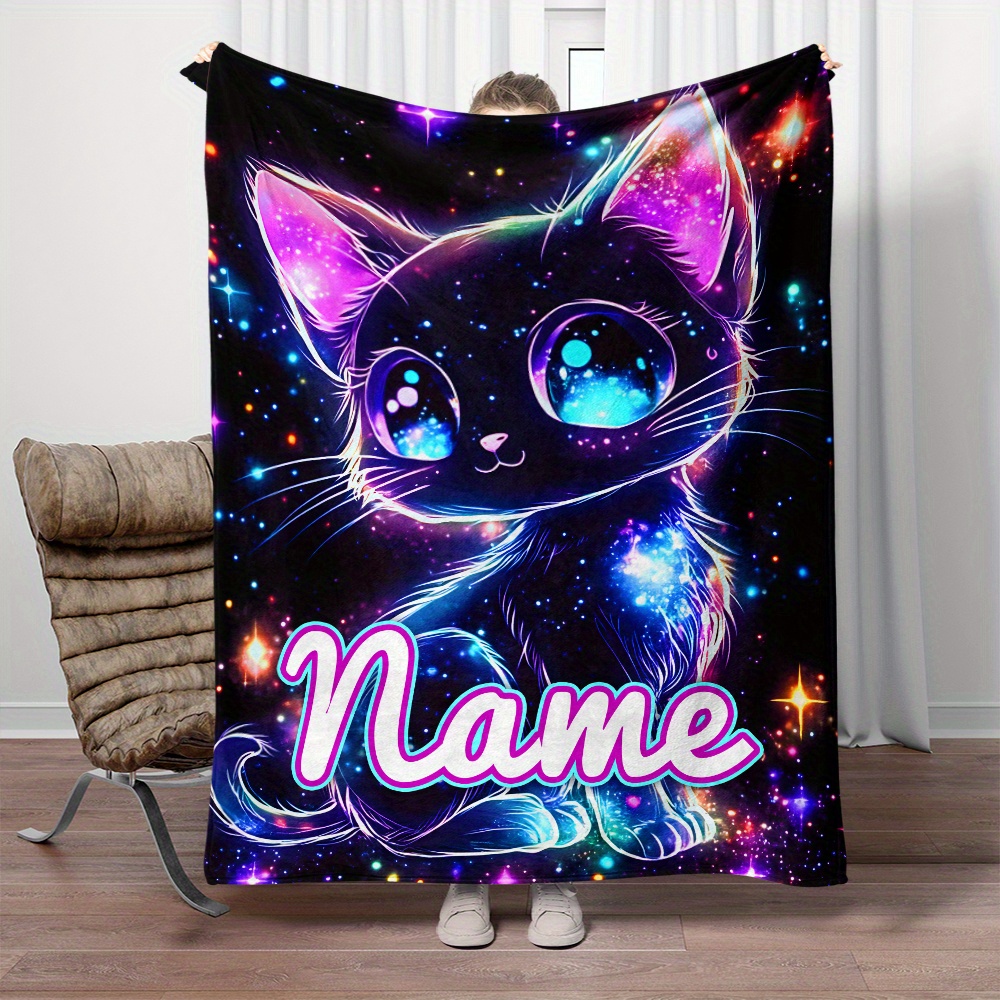 

Custom Name Starry Kitten Flannel Throw Blanket - Soft, Lightweight & Warm For Couch, Bed, Travel & Camping - Digital Printed Fleece In Multiple Sizes