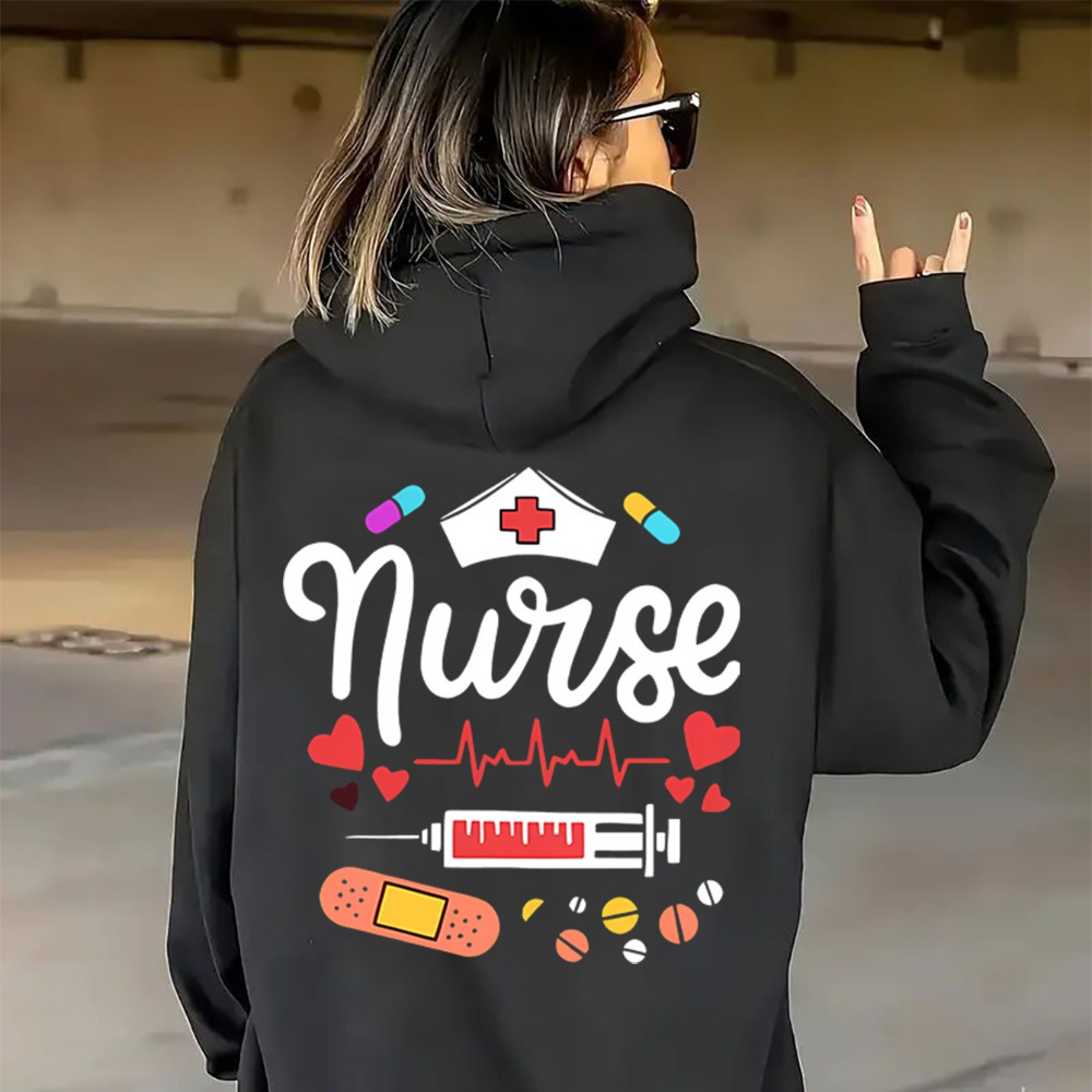 

1pc Women's Casual Polyester Hooded Sweatshirt With Nurse Print - Fall/winter Knit Fabric Pullover With Pockets, Fashion Top, Zipper, Solid Color