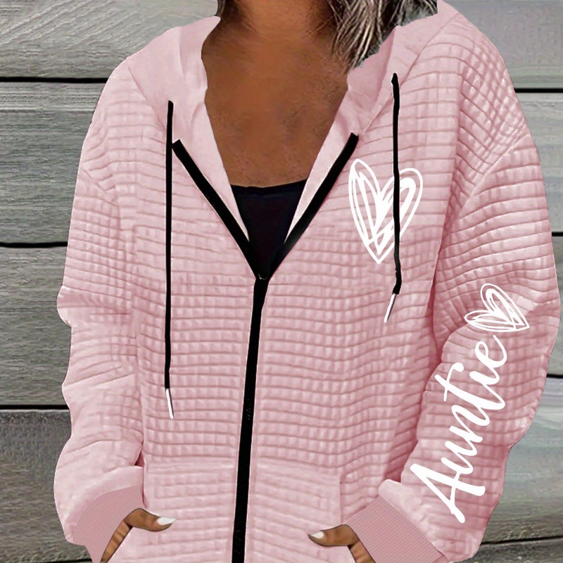 

Women's Casual Waffle-knit Zip-up Hoodie With Drawstring - Geometric Love Print, Polyester, Machine Washable