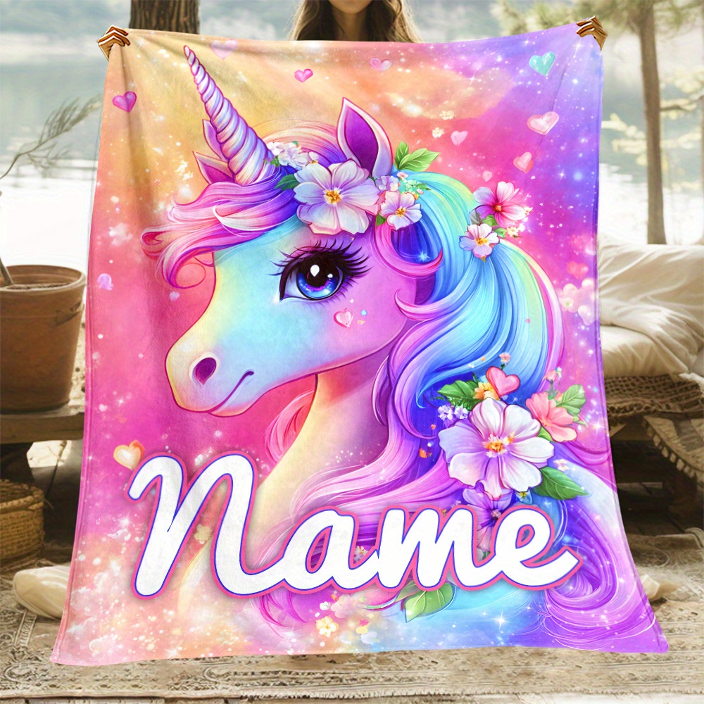 TEMU 1pc Custom Name Beautiful Flower Unicorn Print Portable Blanket- Lightweight Flannel Throw For Sofa, Bed, Travel, Camping, Livingroom, Office,