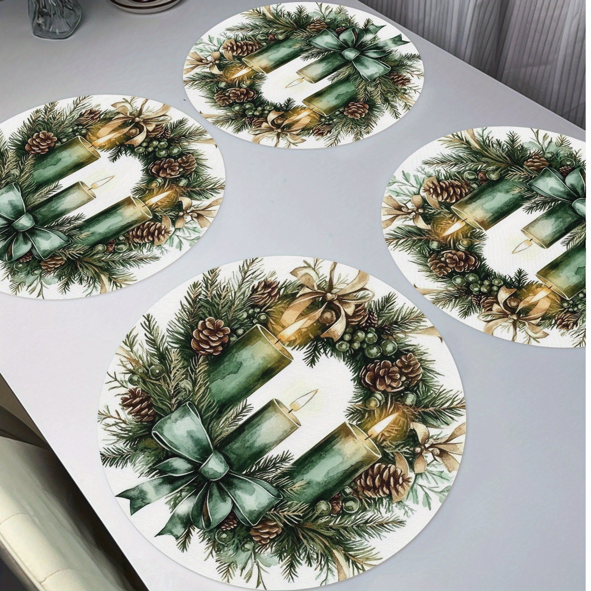 

4-pack Christmas Wreath Round Placemats, Hand Washable Knit Fabric Table Mats, Polyester Non-slip Heat Resistant Place Mats For Kitchen Dining Decor, 15