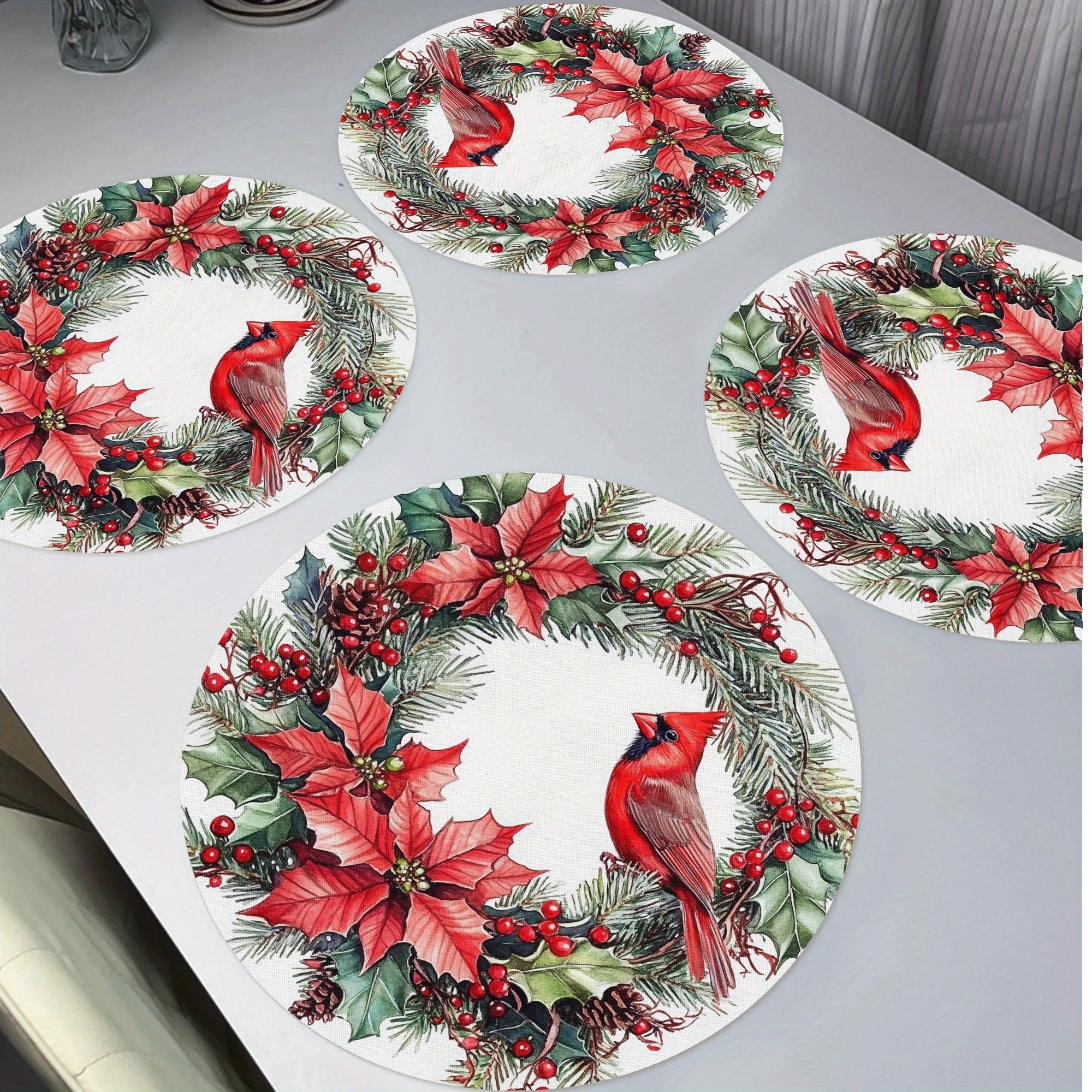 

4-pack Merry Christmas Placemats, 15" Round Polyester Table Mats, Red Bird & Poinsettia Berry Wreath Design, Non-slip, Washable, Heat Resistant, For Party, Kitchen, Dining Decor