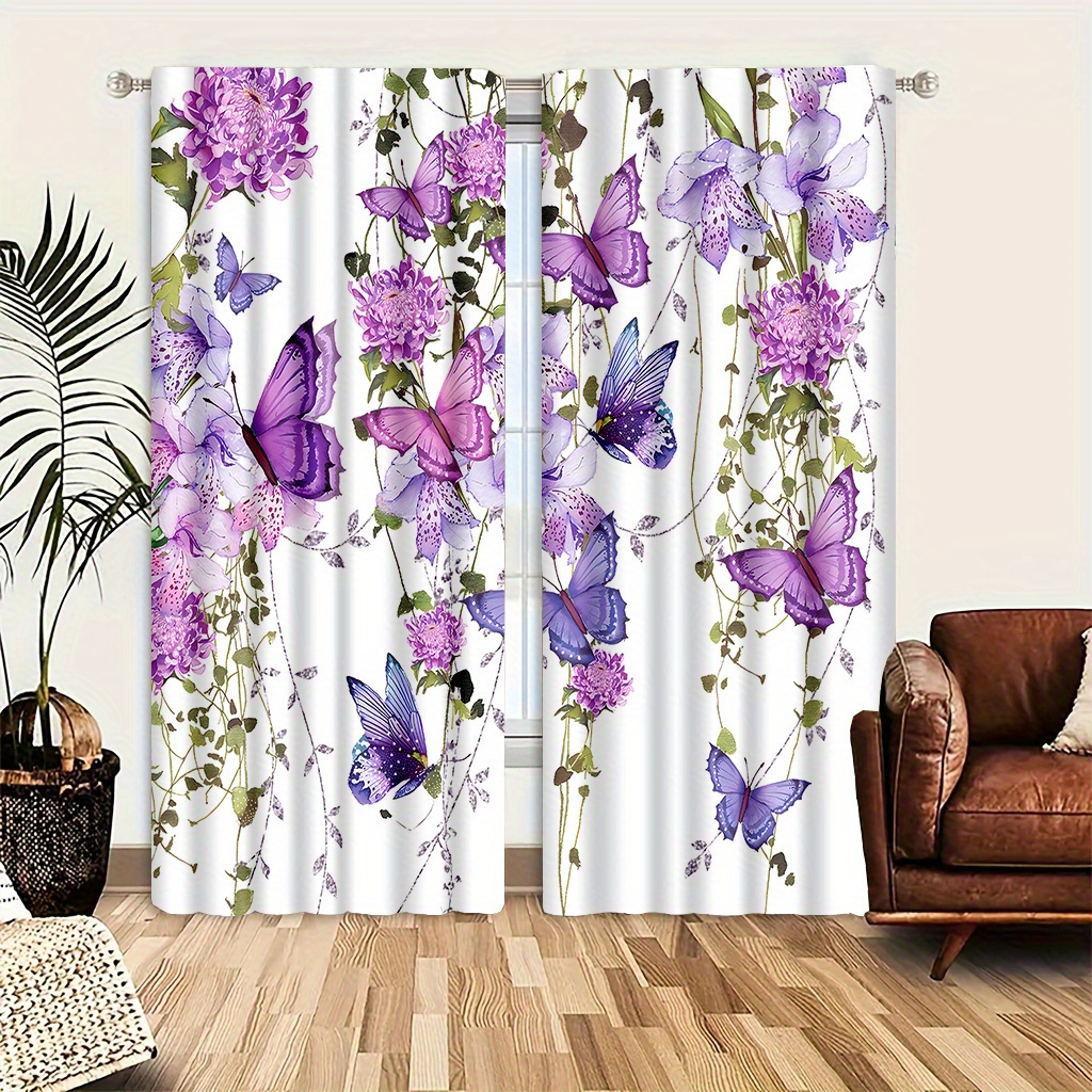 

2pcs Butterfly Decorative Pattern Curtains, Polyester, Seasonal, Artistic Style, Machine Washable, No Battery, No Power Required, Bedroom Window Drapes, Scenic Theme, Satin Weave, Lined