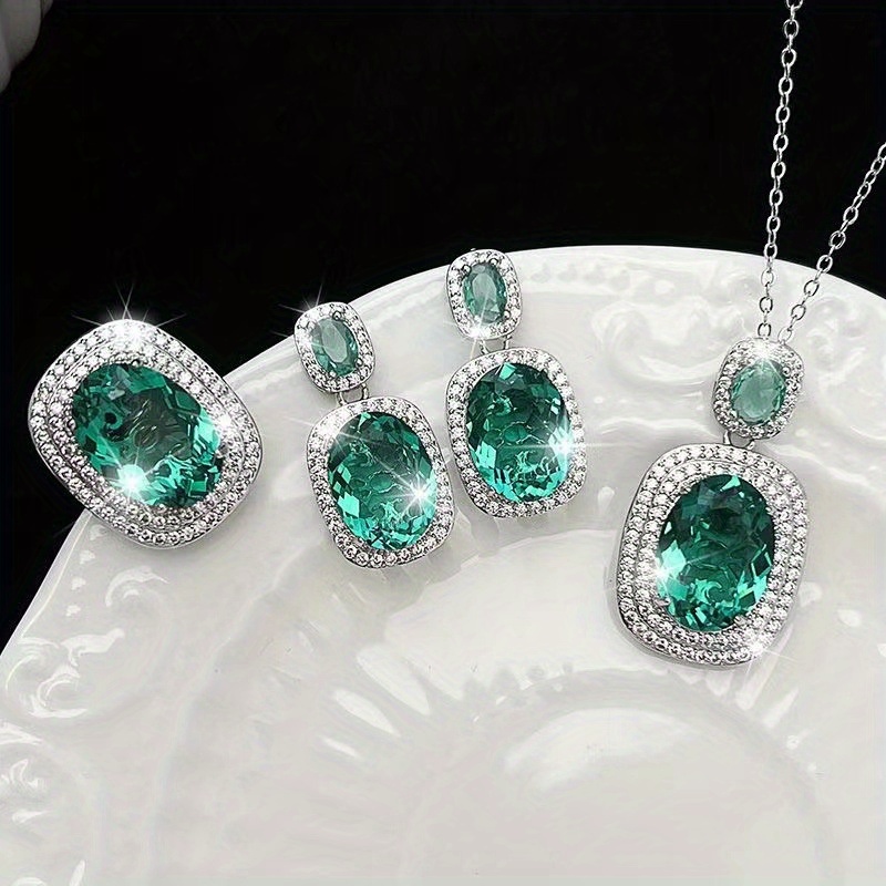 

3pcs, Luxurious Colored Jewelry Set, Set With Green Zircon Necklace, Earring Combination, Necklace For Women