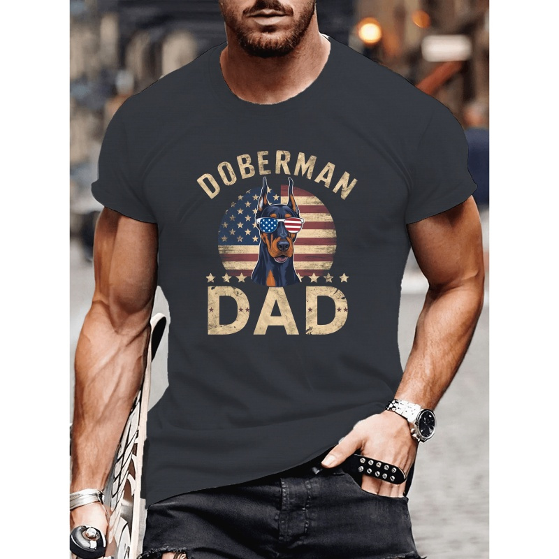 

Men's Casual Short-sleeve T-shirt Featuring A Doberman Design With Flag Glasses, Summer.