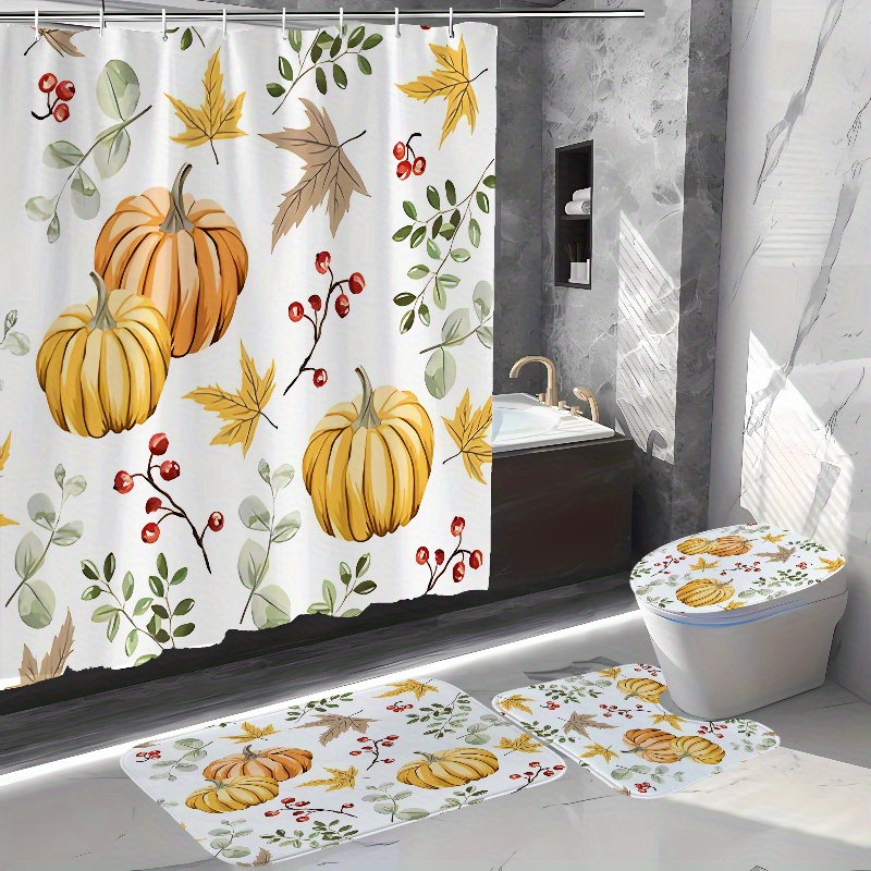 4-teiliges Duschvorhang-Set Herbstmotiv – Mit Badematten & WC-Sitzbezug, Wasserdicht, Bauernhaus-Stil