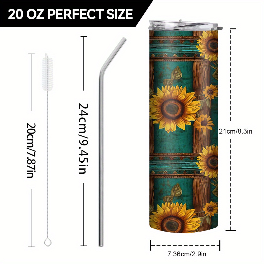 TEMU 1pc 20oz Stainless Steel Insulated With Sunflower Design, - Includes Lid & Straw, Bpa-free, Ideal For & Cold Drinks, Perfect Christmas Gift & Party Favor, Insulated Coffee