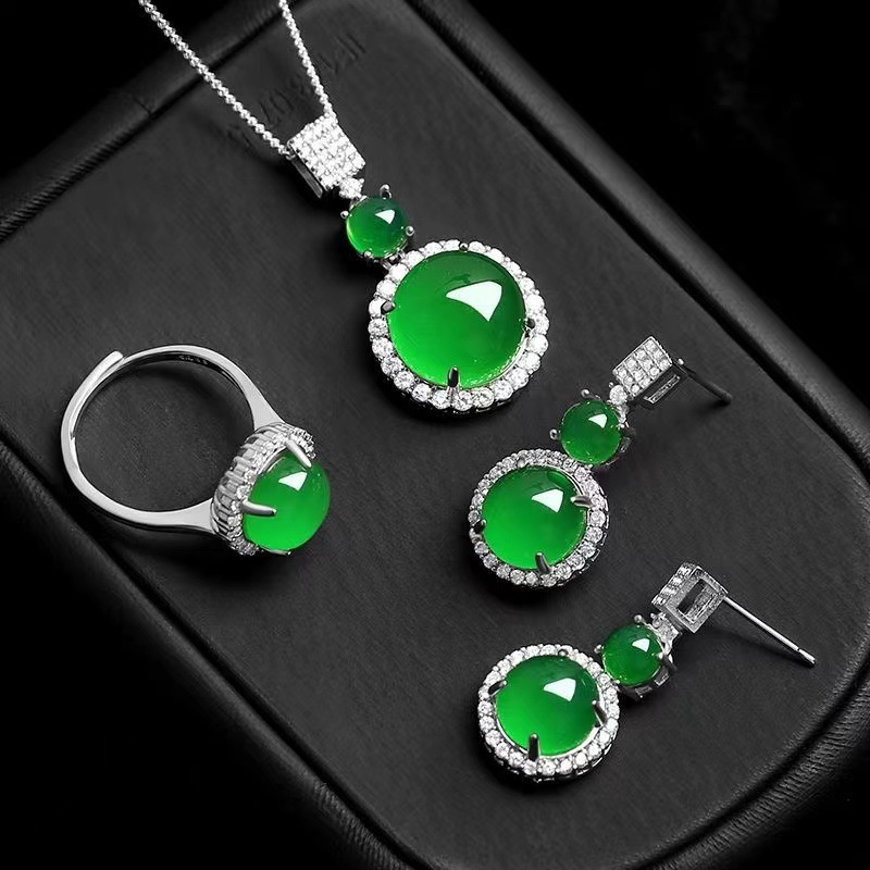 

3pcs, Imitation Necklace Set, Natural Agate Emerald Jewelry Set, Earrings, Rings, Pendants, Resin Jewelry, Elegant Women's Jewelry