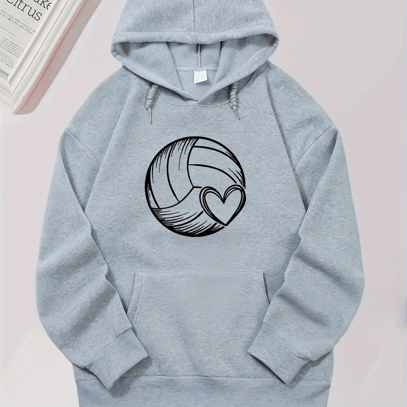 

Women's Casual Pullover Hoodie With Volleyball Print, Drawstring, Warm Long Sleeve Kangaroo Pocket Sweatshirt, Polyester Knit Fabric, Adult Unisex Athletic Hoodie