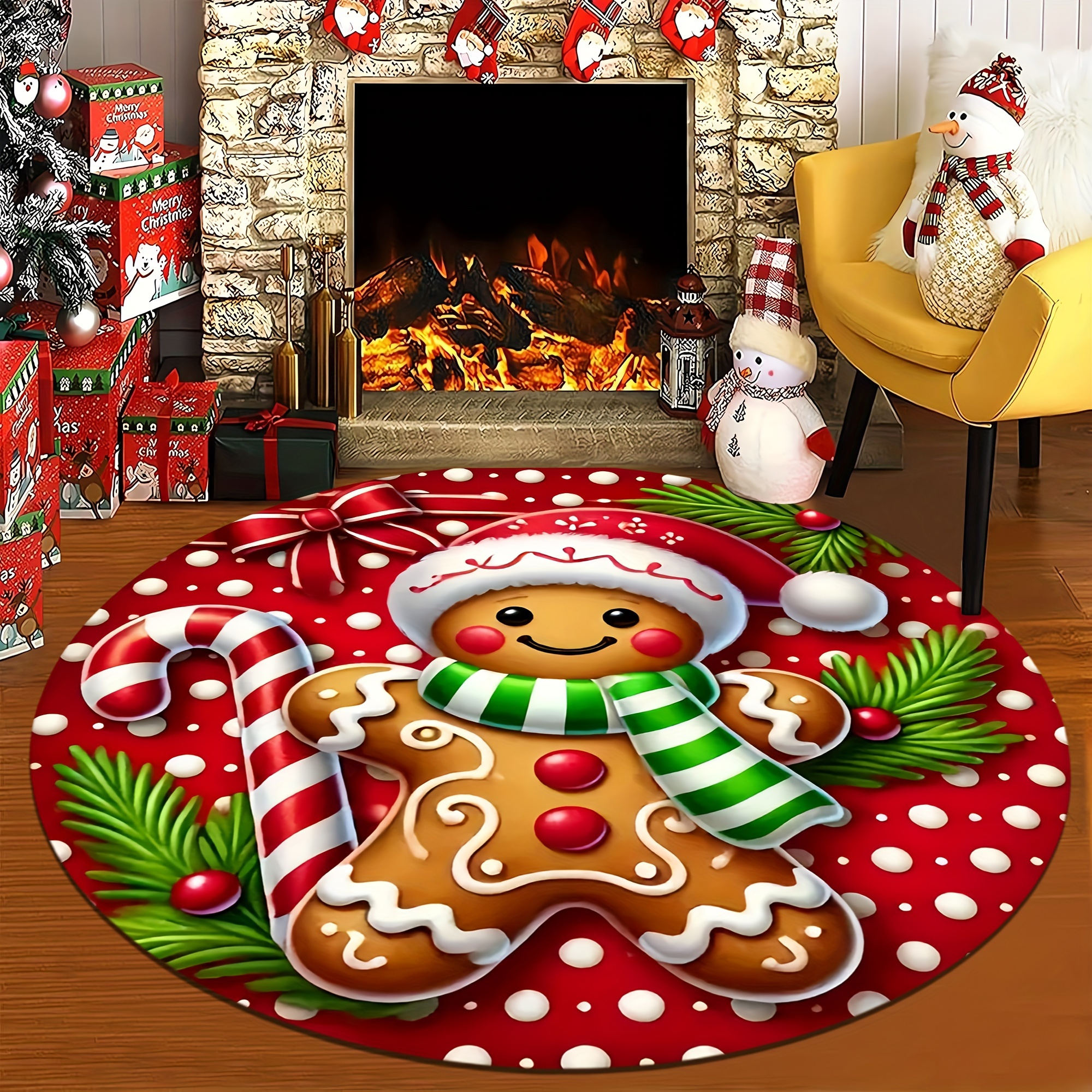 Image of Cozy Gingerbread For Man Christmas Round Rug - Soft, Absorbent & Non-slip | Machine Washable Flannel For Entryway, Living Room, Bedroom Decor