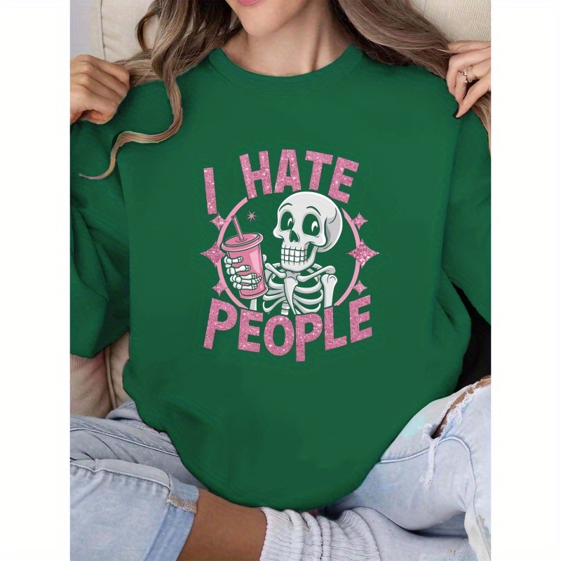 

Women's Casual Crew Neck Sweatshirt, "i Hate People" Graphic, 100% Polyester Knit Fabric, Geometric Pattern, Regular Length, Fall/winter Wear, 250gsm