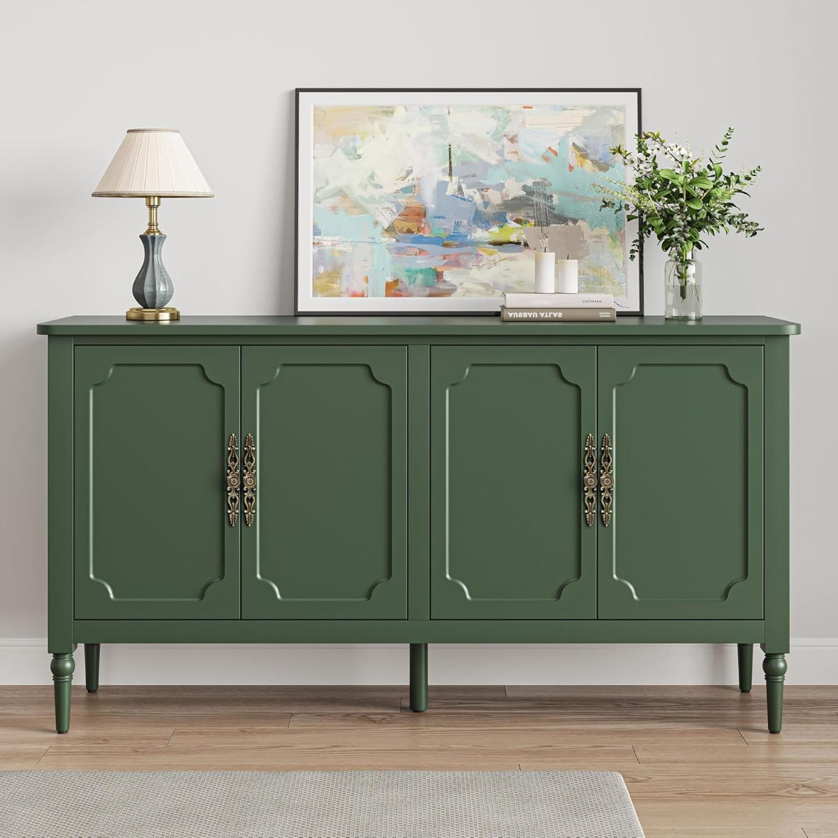 

Sideboard Buffet Cabinet With Storage, 58'' Mid Century Cabinet With And Adjustable Shelves, Accent Cabinet For Entryway, Dining Room, Living Room, Bedroom, Green