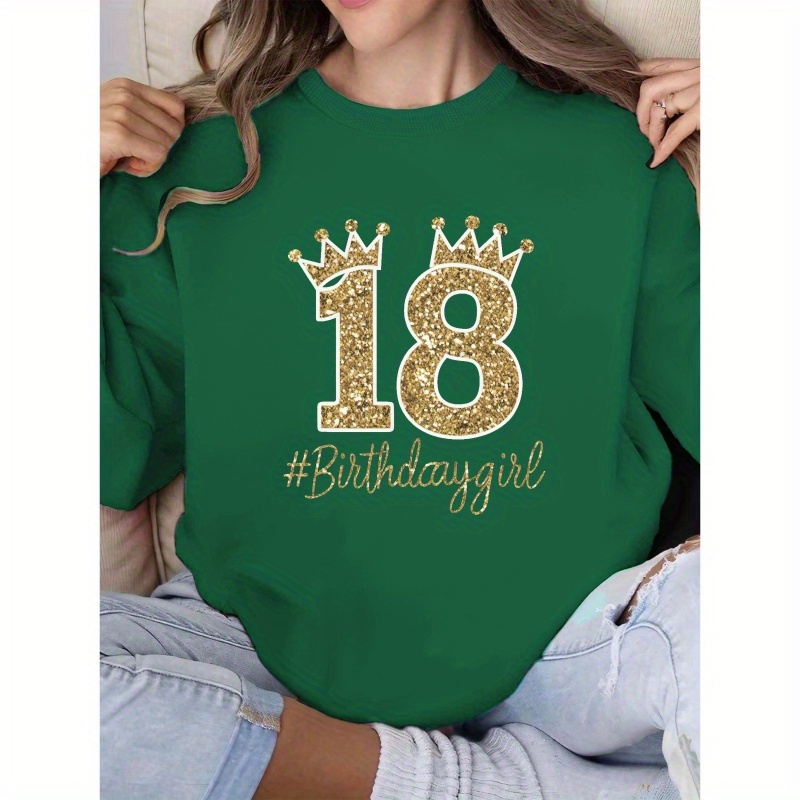 

Women's Birthday Crew Neck Sweatshirt - 18th Birthday Girl Crown Glitter Print, 100% Polyester Casual Knit Fabric, Regular Length, Geometric Pattern, Fall/winter Collection