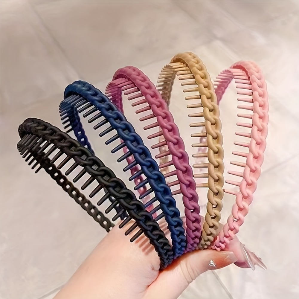 TEMU 5pcs Ladies Anti-slip Teeth Comb Headbands - Solid Color Minimalist Style Hair Accessories