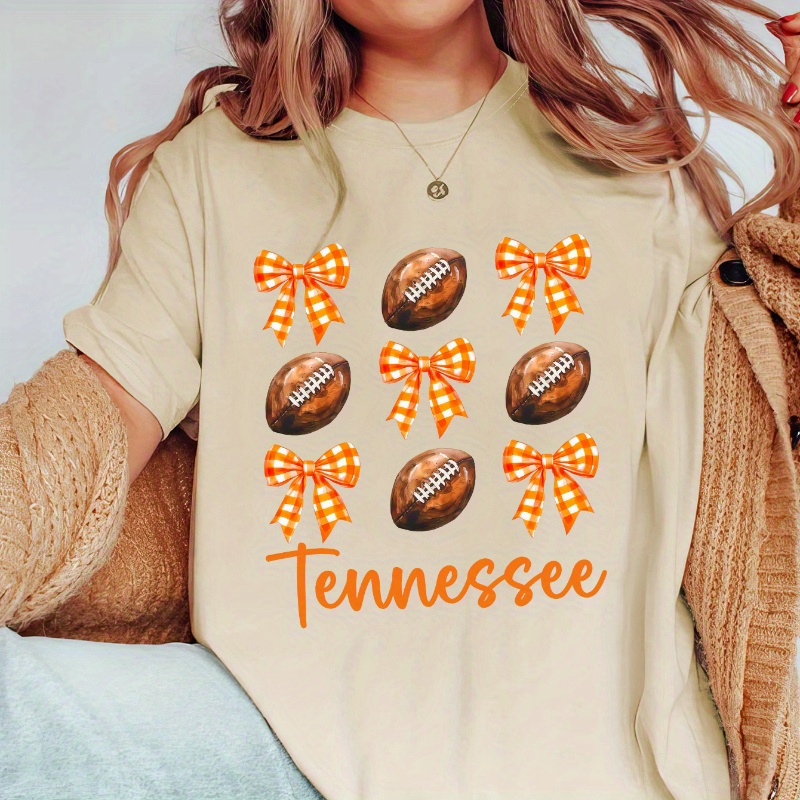 

Women's Casual Sports T-shirt With Bowknot And Football Print, Alphabet Letter Design, Polyester And Spandex , Knit Fabric, Round Neck, Oversized Short Sleeve, Comfort